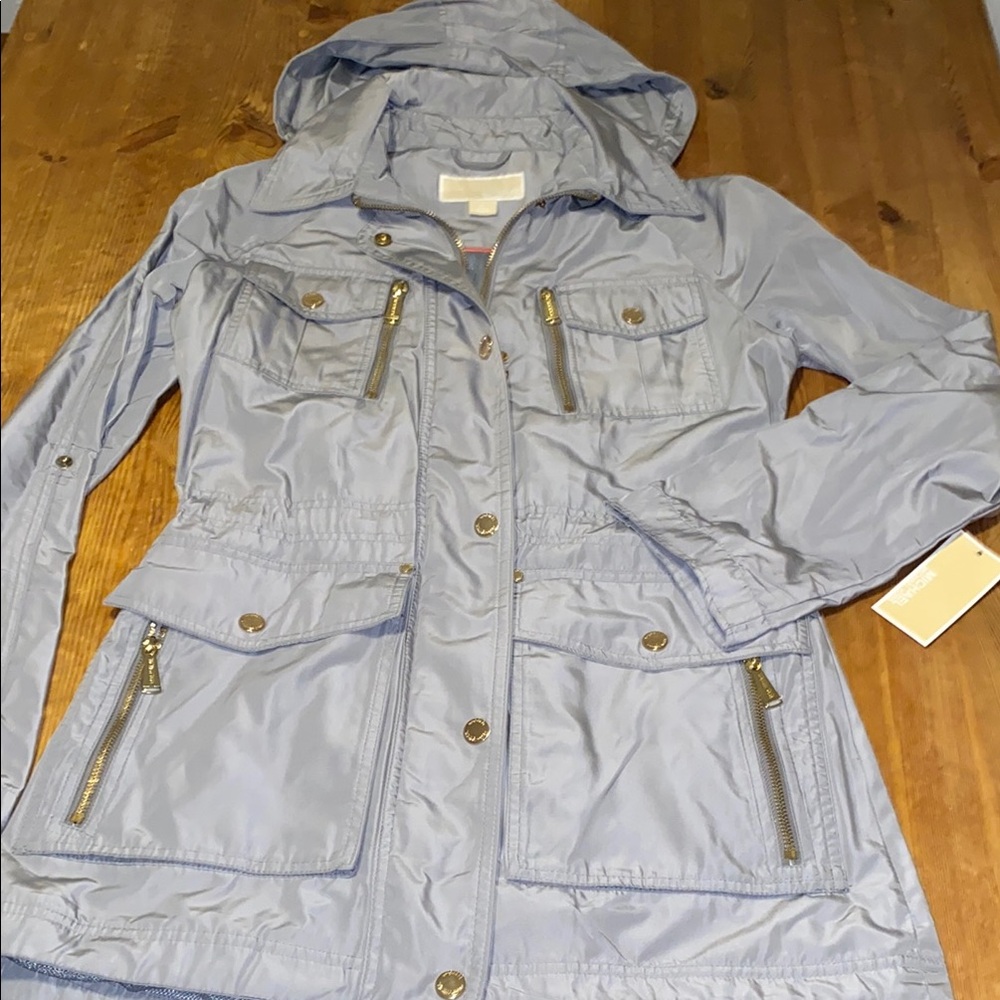 New Michael Kors Gray titanium Hooded Women's Rain XS Jacket removable hood coat